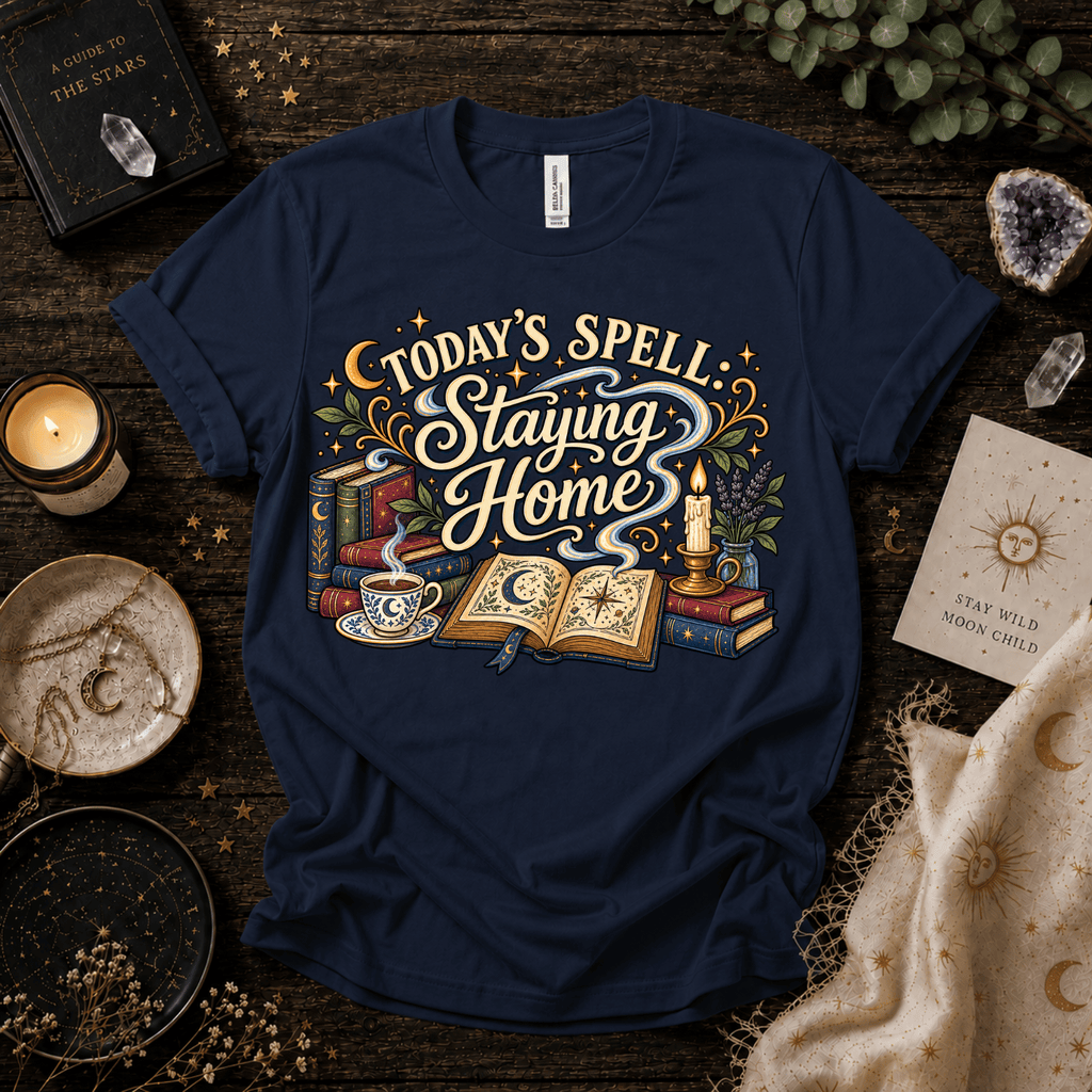 Today's Spell celestial witchy graphic t-shirt cozy flat lay in navy.