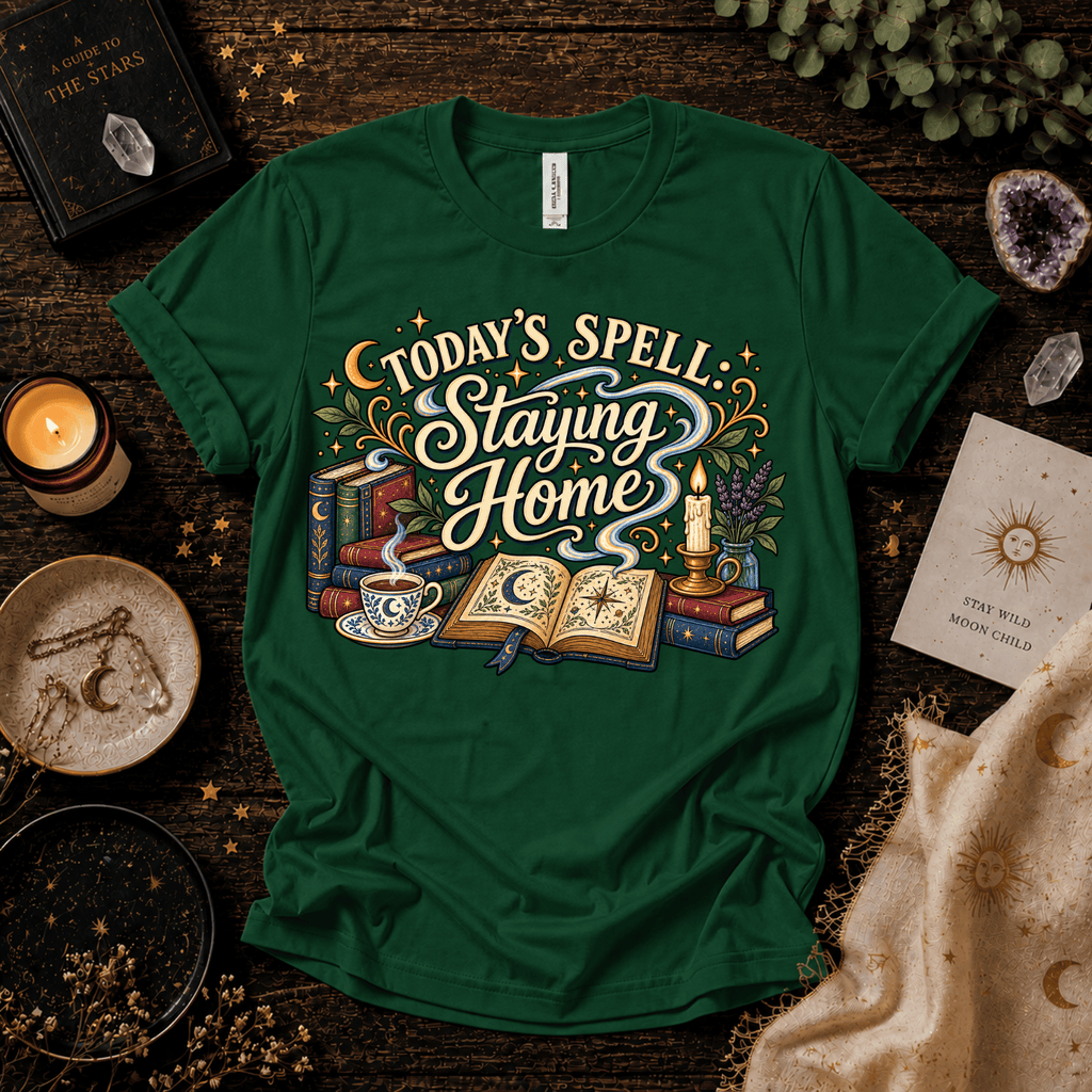 Today's Spell celestial witchy graphic t-shirt cozy flat lay in evergreen.