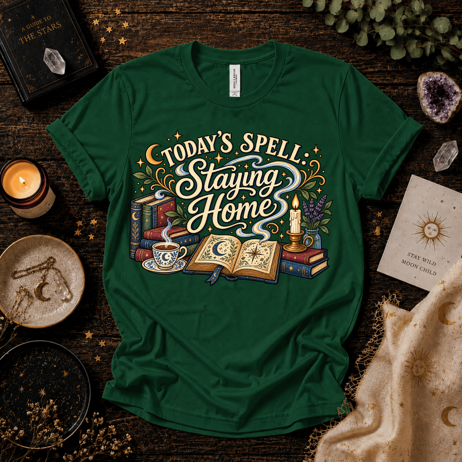Today's Spell celestial witchy graphic t-shirt cozy flat lay in evergreen.