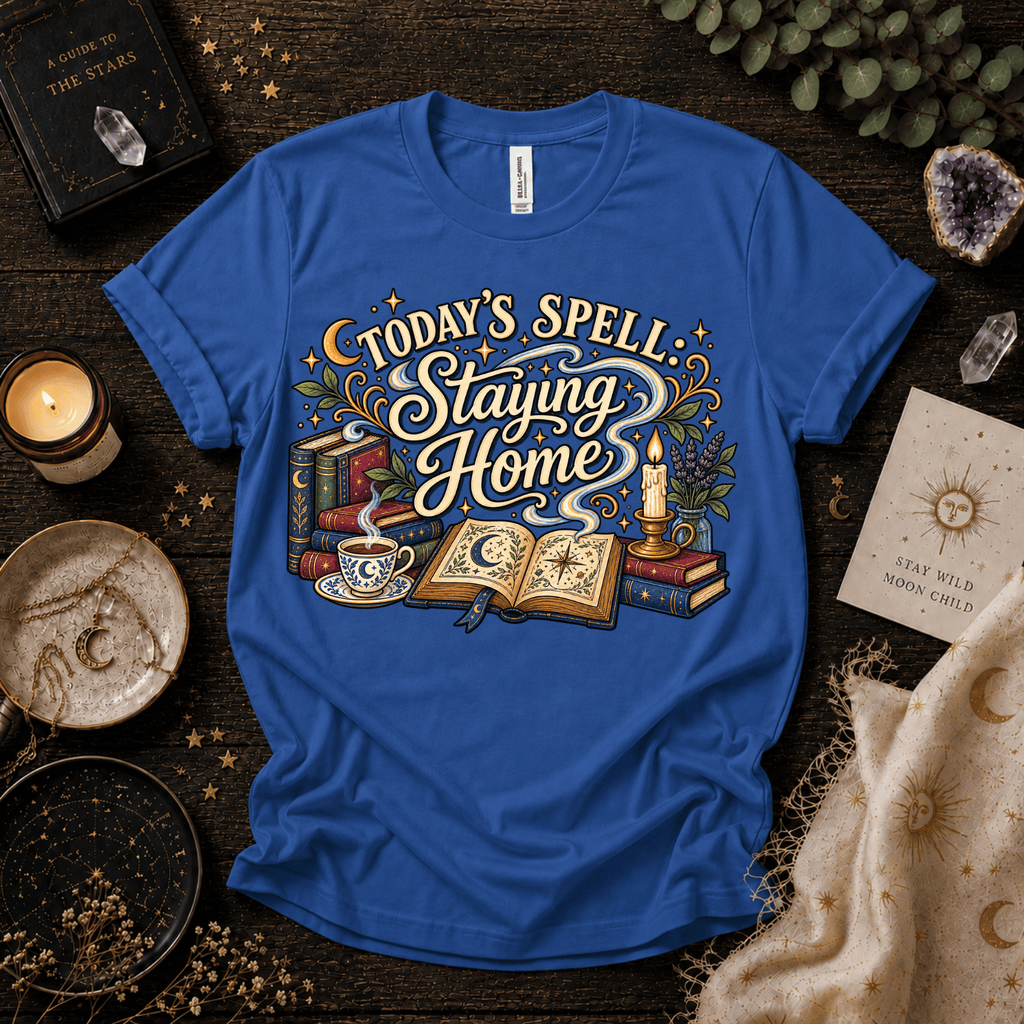 Today's Spell celestial witchy graphic t-shirt cozy flat lay in true royal.