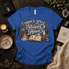 Today's Spell celestial witchy graphic t-shirt cozy flat lay in true royal.