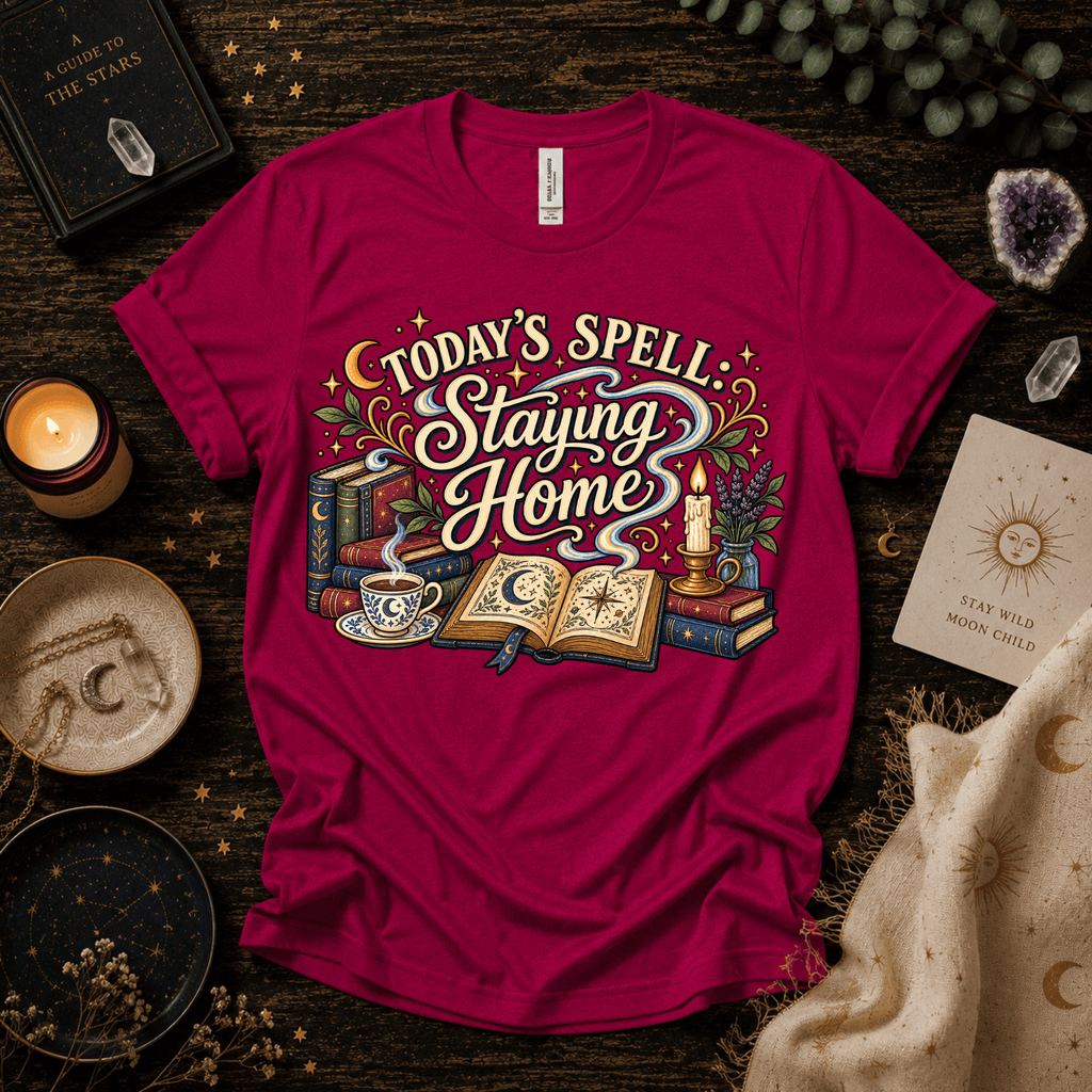 Today's Spell celestial witchy graphic t-shirt cozy flat lay in berry.