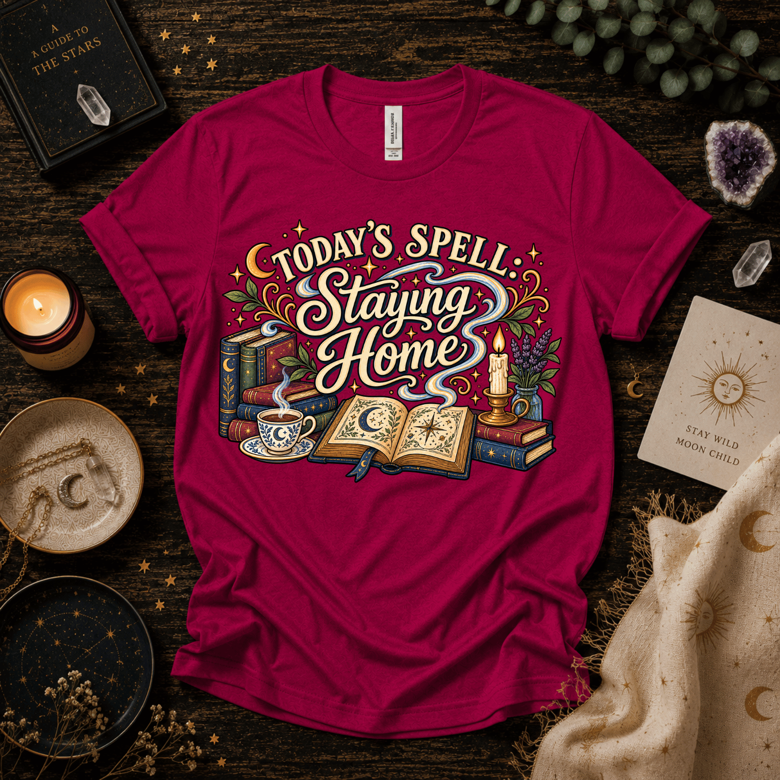 Today's Spell celestial witchy graphic t-shirt cozy flat lay in berry.