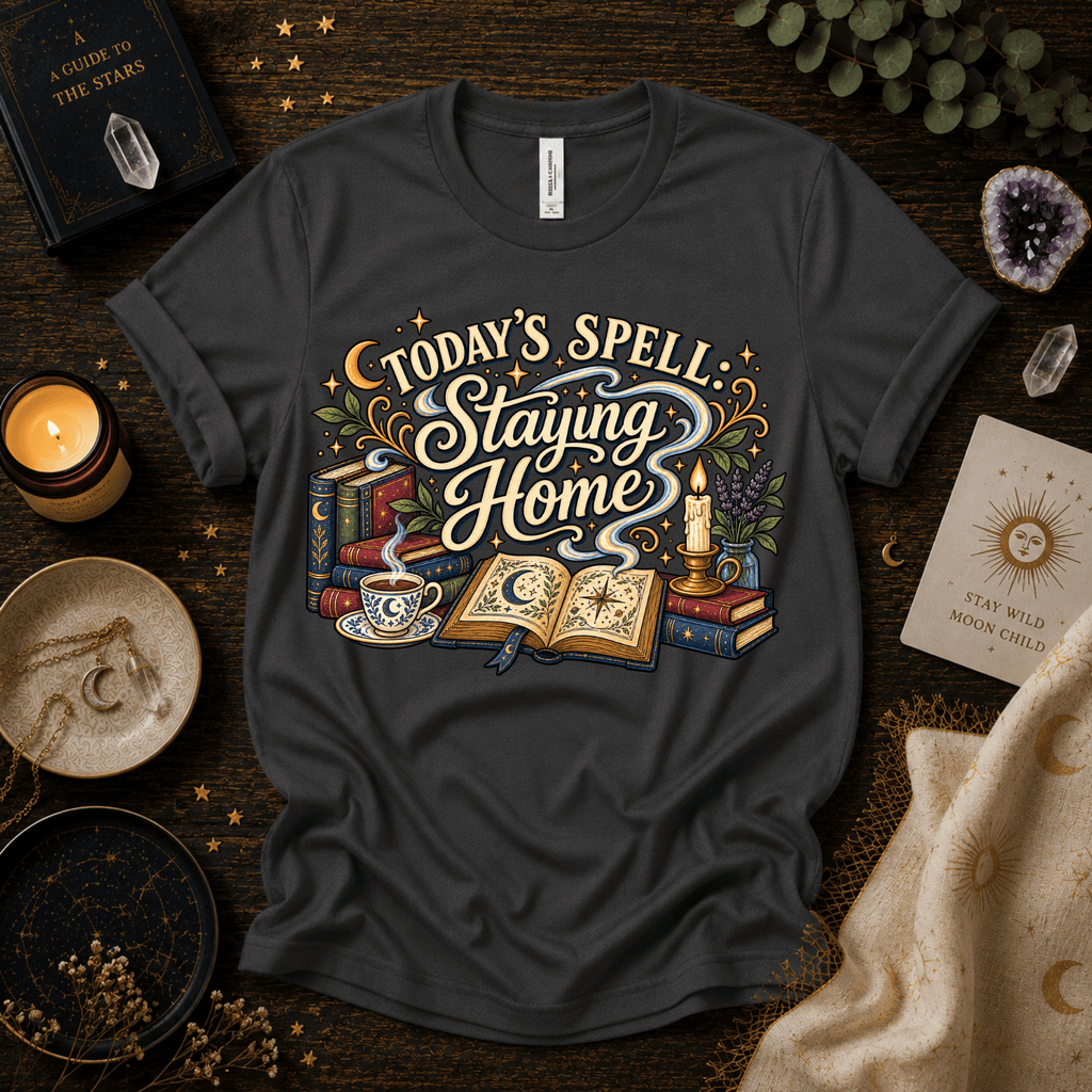Today's Spell celestial witchy graphic t-shirt cozy flat lay in asphalt.