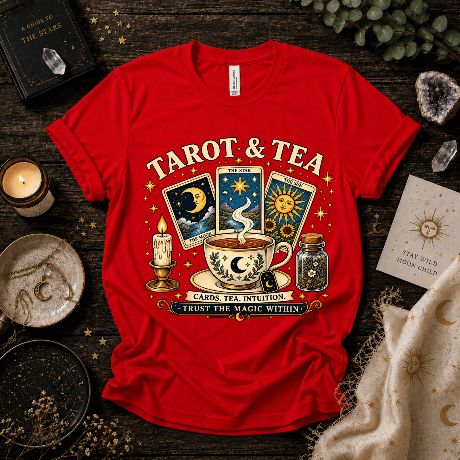 Tarot & Tea celestial tarot graphic t-shirt cozy flat lay in red.