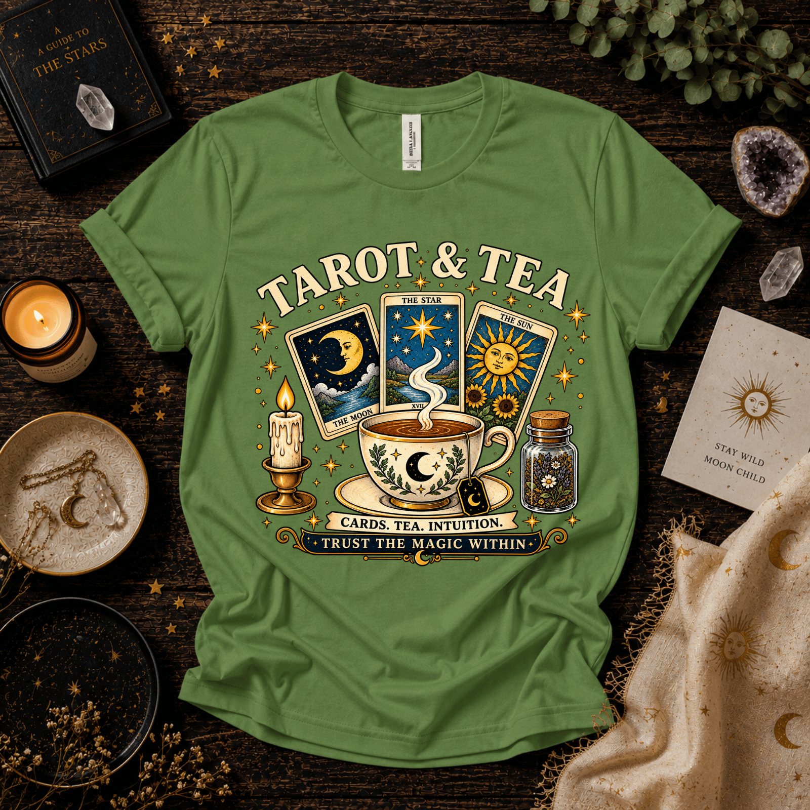 Tarot & Tea celestial tarot graphic t-shirt cozy flat lay in leaf.