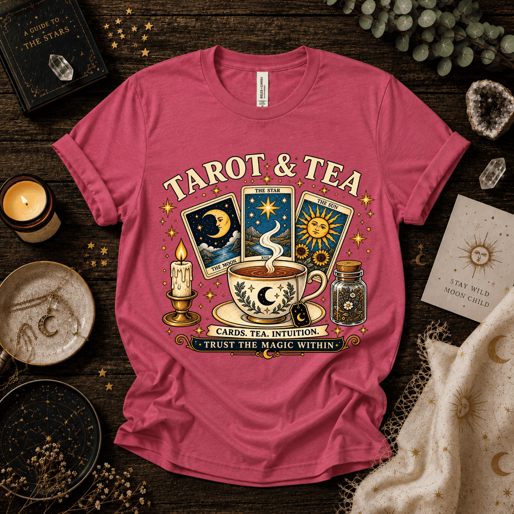 Tarot & Tea celestial tarot graphic t-shirt cozy flat lay in charity pink.