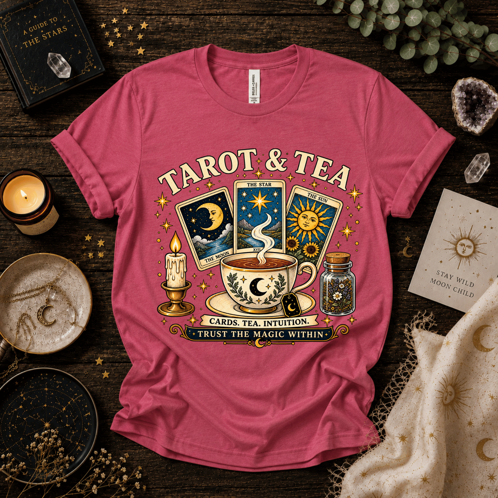 Tarot & Tea celestial tarot graphic t-shirt cozy flat lay in charity pink.