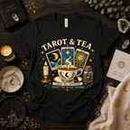Tarot & Tea celestial tarot graphic t-shirt cozy flat lay in vintage black.
