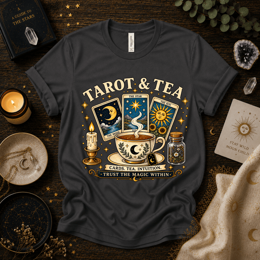 Tarot & Tea celestial tarot graphic t-shirt cozy flat lay in asphalt.