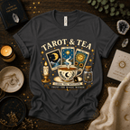 Tarot & Tea celestial tarot graphic t-shirt cozy flat lay in asphalt.