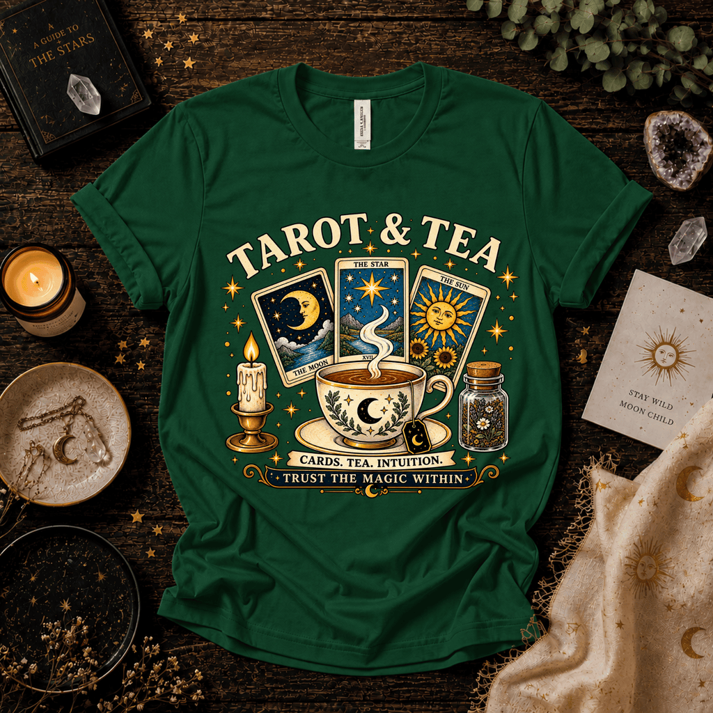 Tarot & Tea celestial tarot graphic t-shirt cozy flat lay in evergreen.