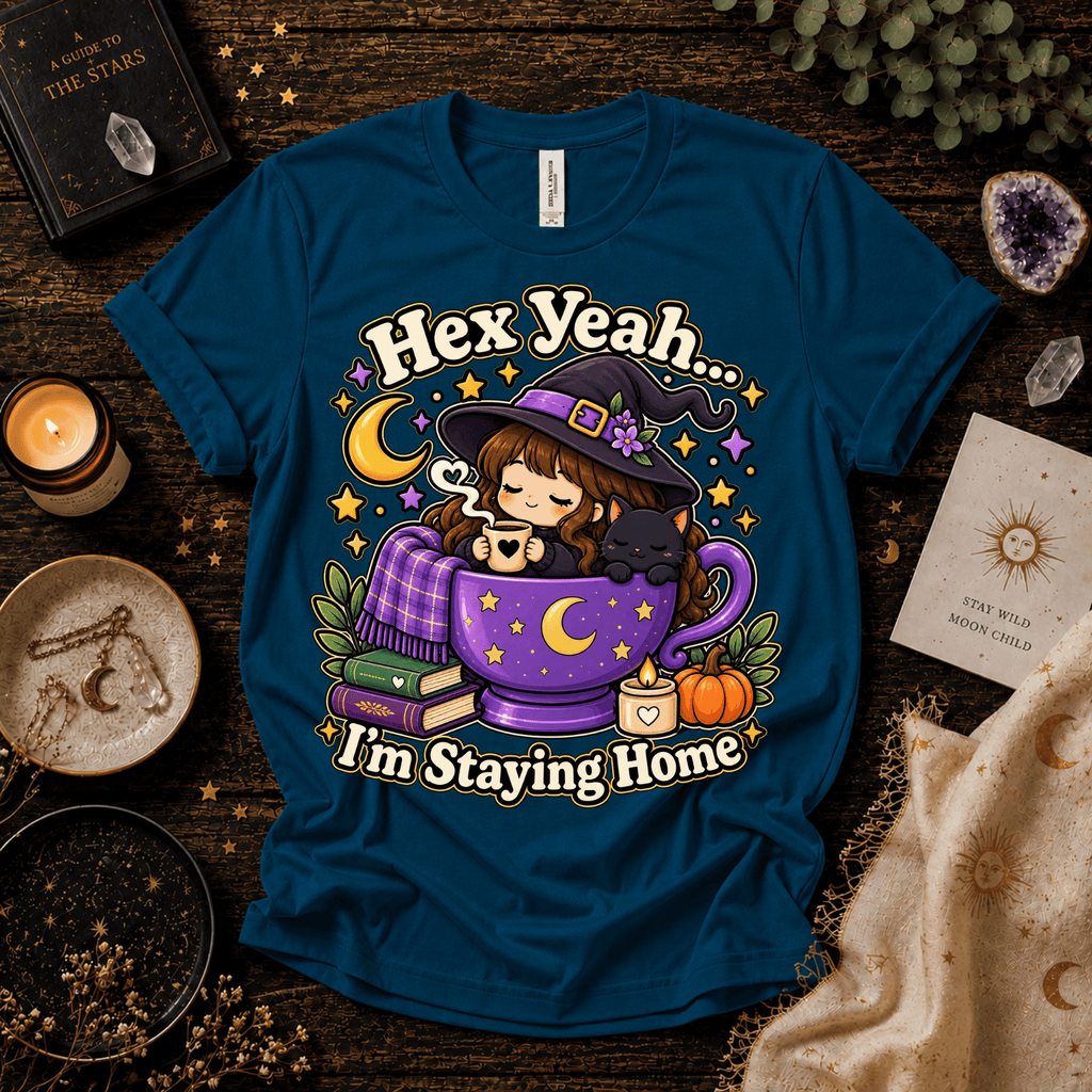 Hex Yeah cute witchy graphic t-shirt cozy flat lay in deep teal.