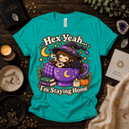 Hex Yeah cute witchy graphic t-shirt cozy flat lay in heather sea green.
