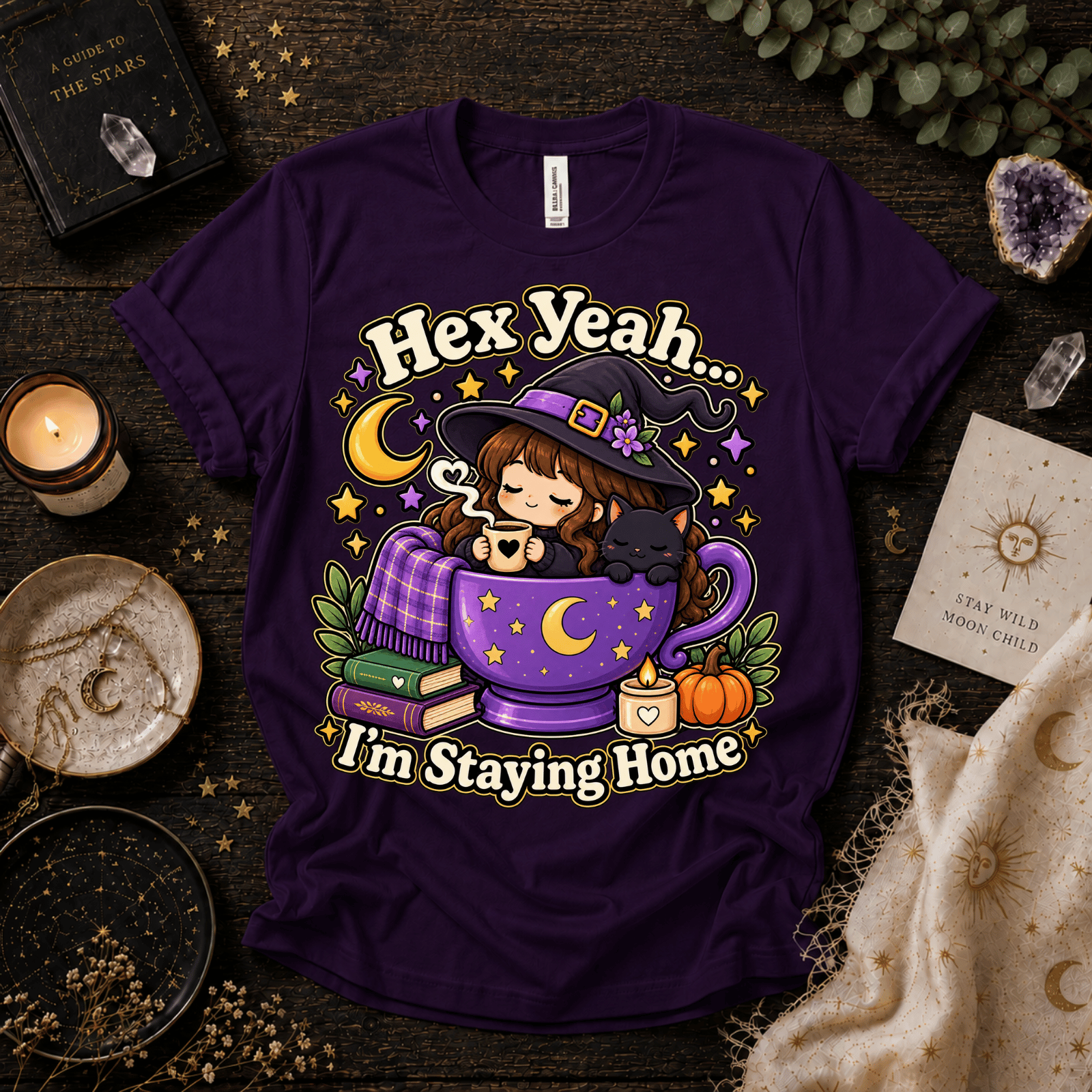 Hex Yeah cute witchy graphic t-shirt cozy flat lay in team purple.