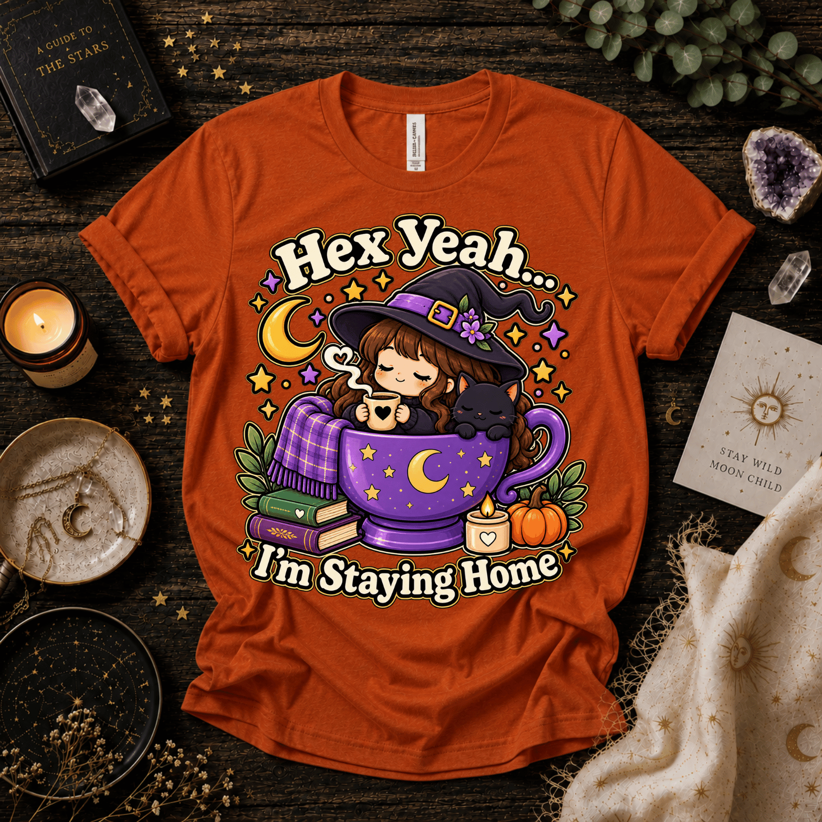 Hex Yeah cute witchy graphic t-shirt cozy flat lay in burnt orange.