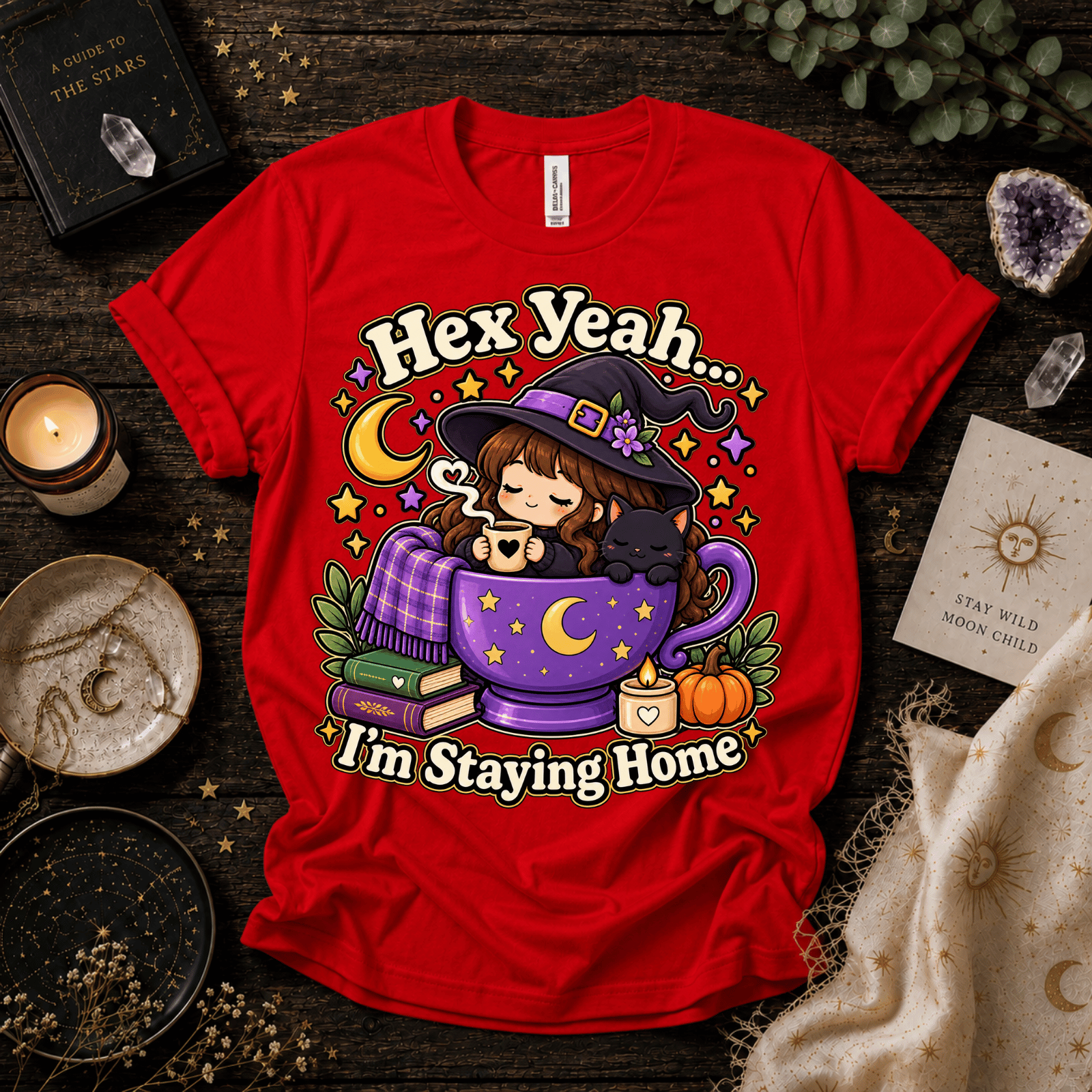 Hex Yeah cute witchy graphic t-shirt cozy flat lay in red.