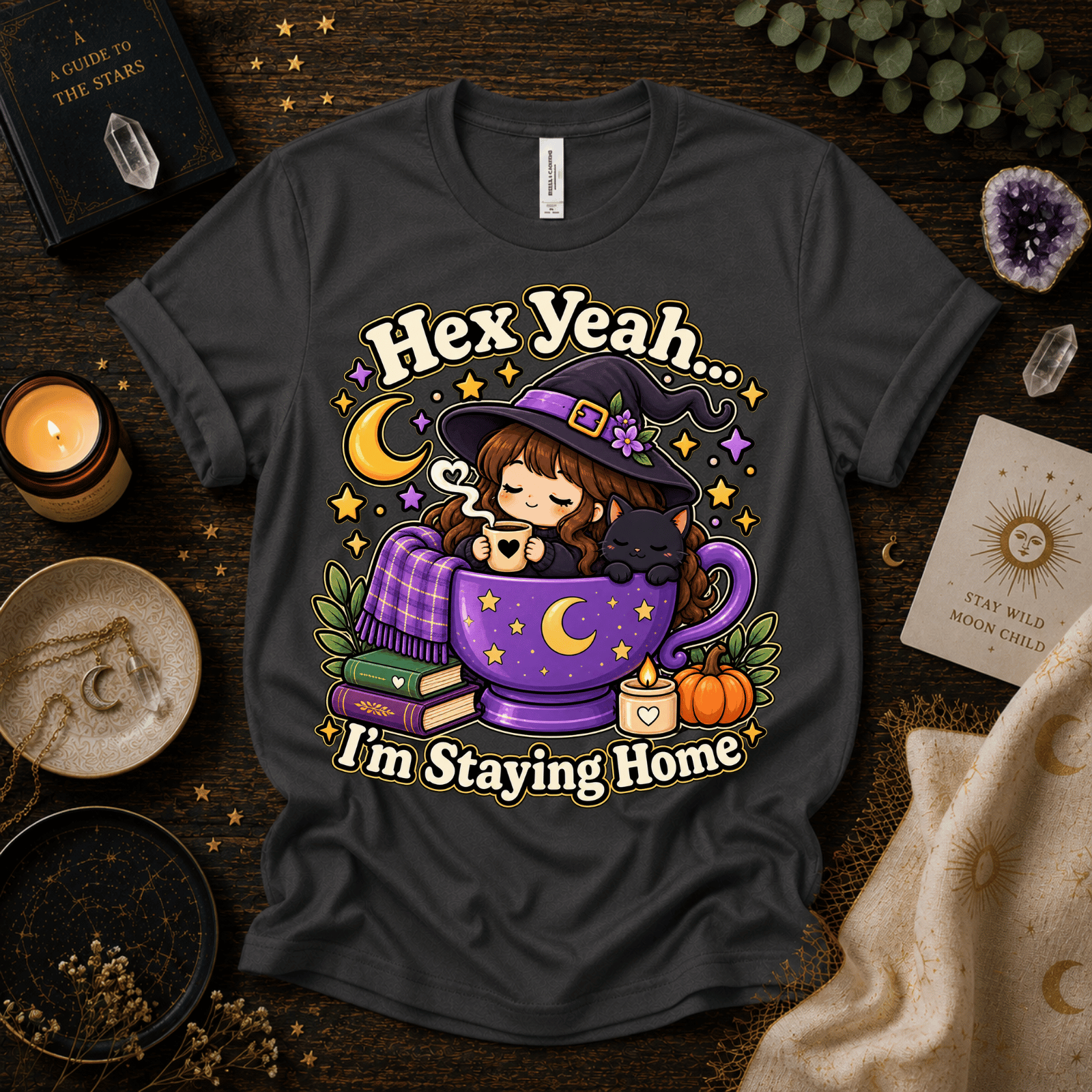 Hex Yeah cute witchy graphic t-shirt cozy flat lay in asphalt.