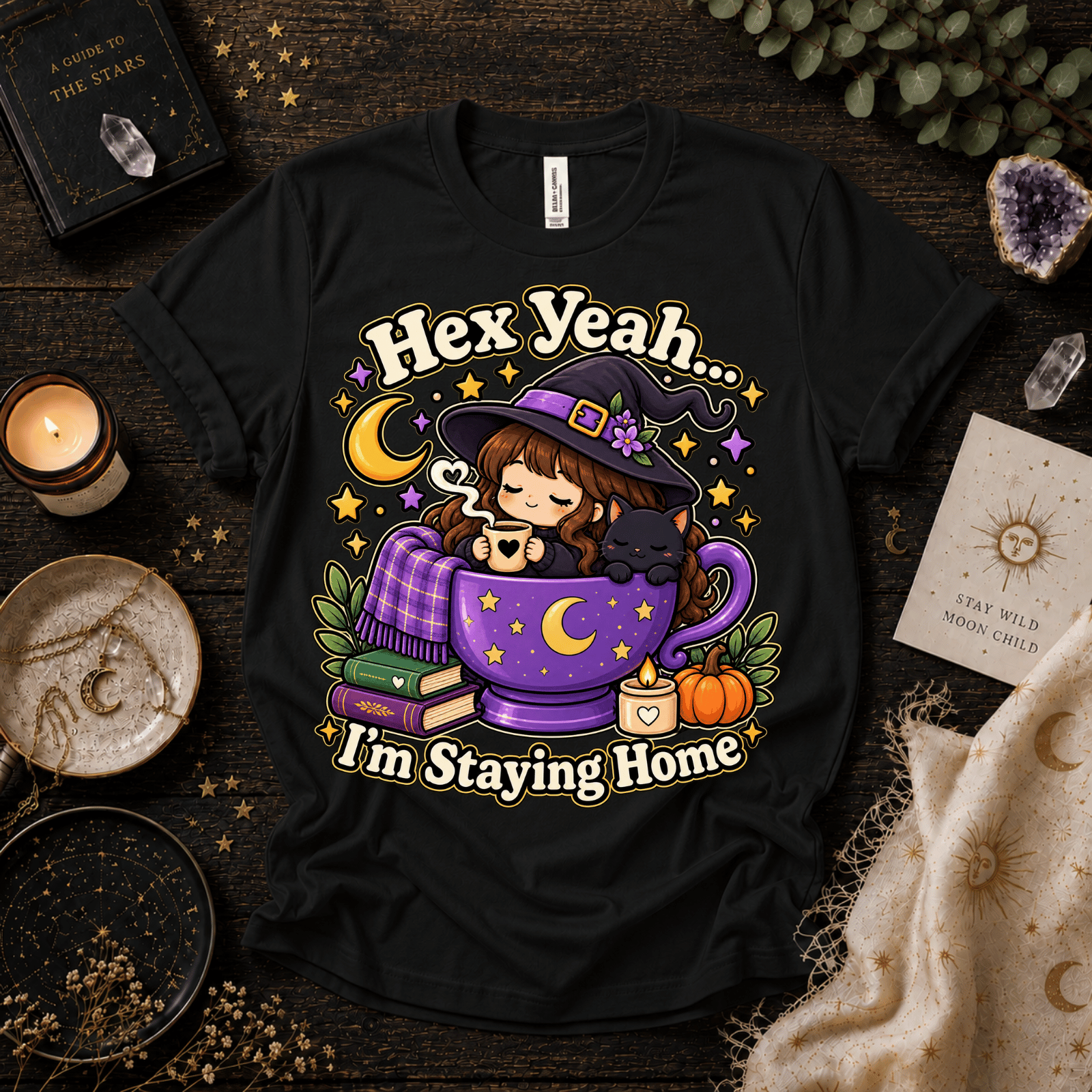 Hex Yeah cute witchy graphic t-shirt cozy flat lay in vintage black.