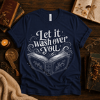 Let It Wash Over You whimsical book graphic t-shirt cozy flat lay in navy.