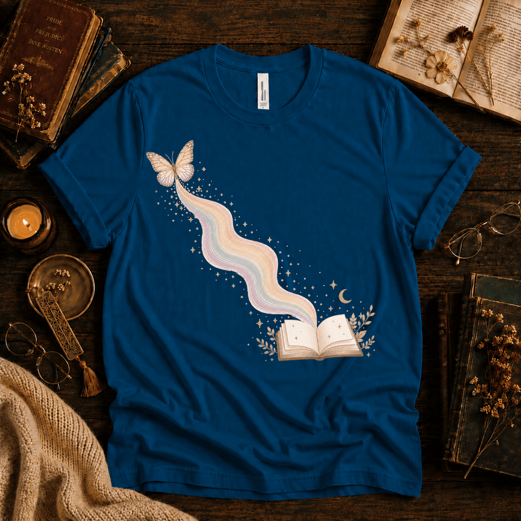 Rainbow Book whimsical book graphic t-shirt cozy flat lay in deep teal.