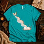 Rainbow Book whimsical book graphic t-shirt cozy flat lay in heather sea green.