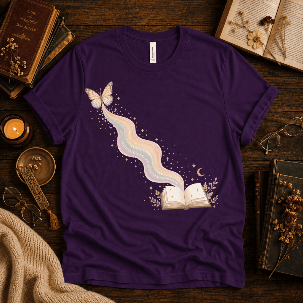 Rainbow Book whimsical book graphic t-shirt cozy flat lay in team purple.