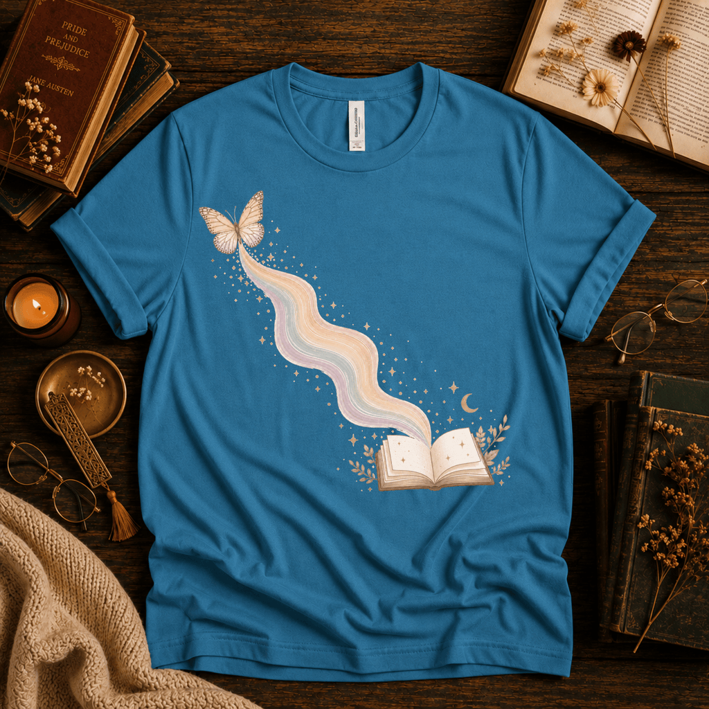 Rainbow Book whimsical book graphic t-shirt cozy flat lay in aqua.