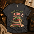 Protecting My TBR cute book graphic t-shirt cozy flat lay in asphalt.