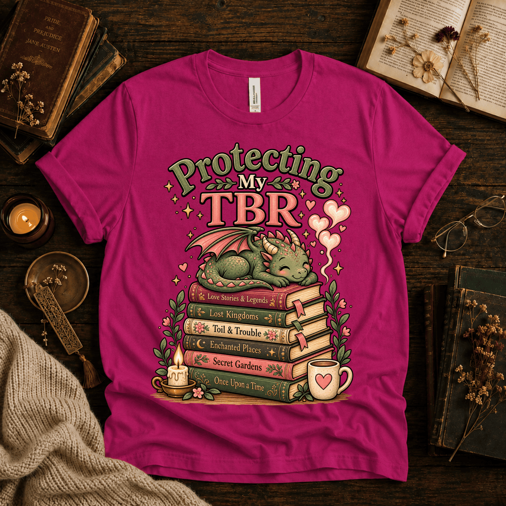 Protecting My TBR cute book graphic t-shirt cozy flat lay in berry.