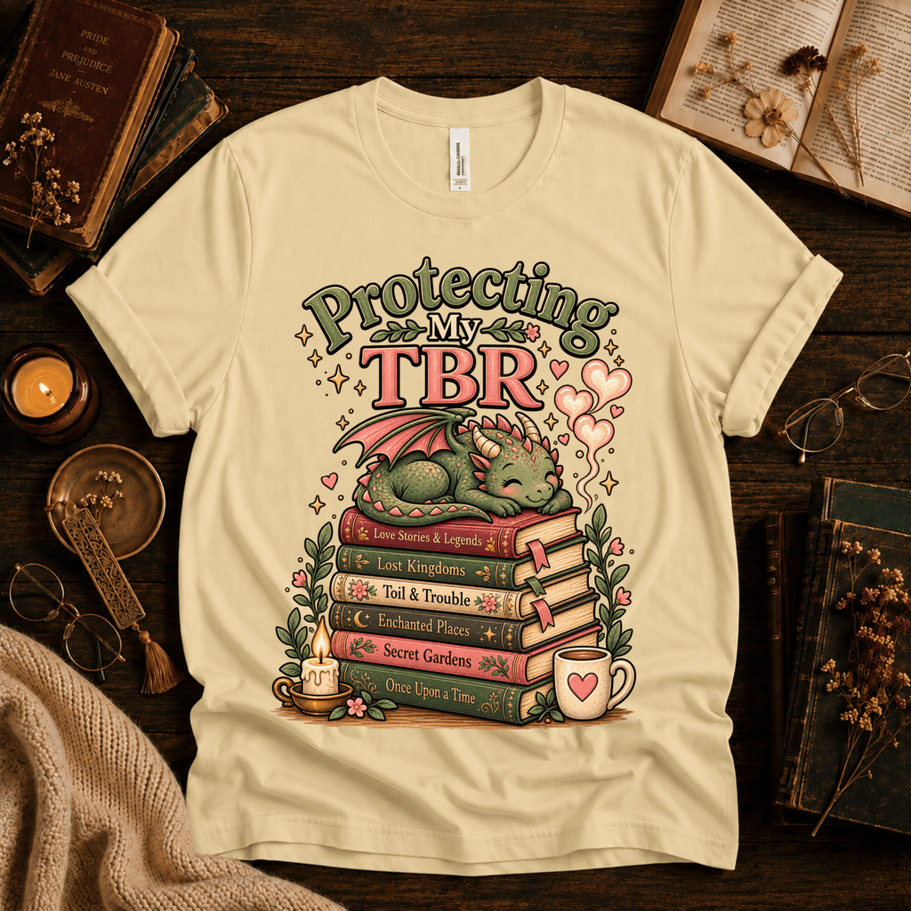 Protecting My TBR cute book graphic t-shirt cozy flat lay in natural.