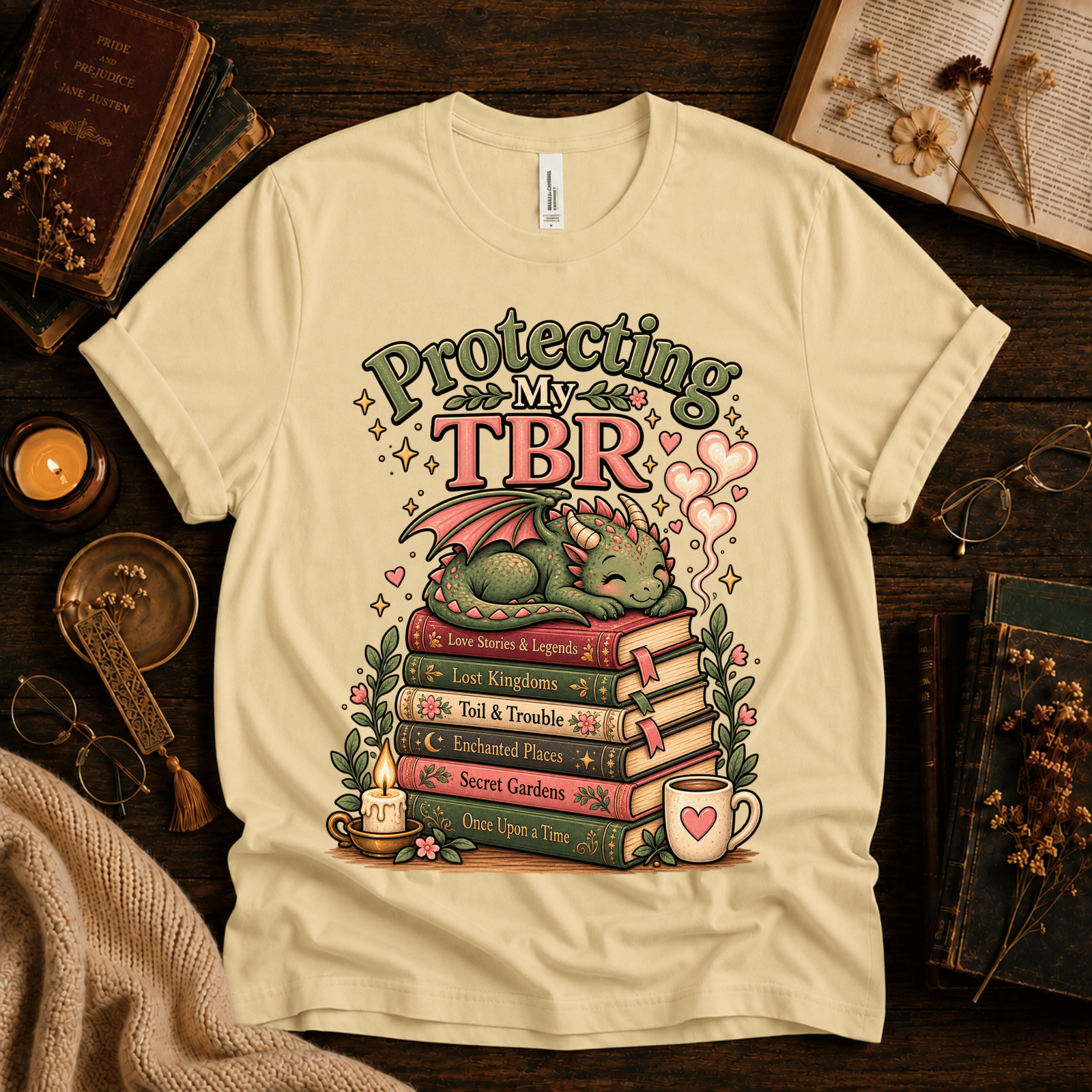 Protecting My TBR cute book graphic t-shirt cozy flat lay in natural.