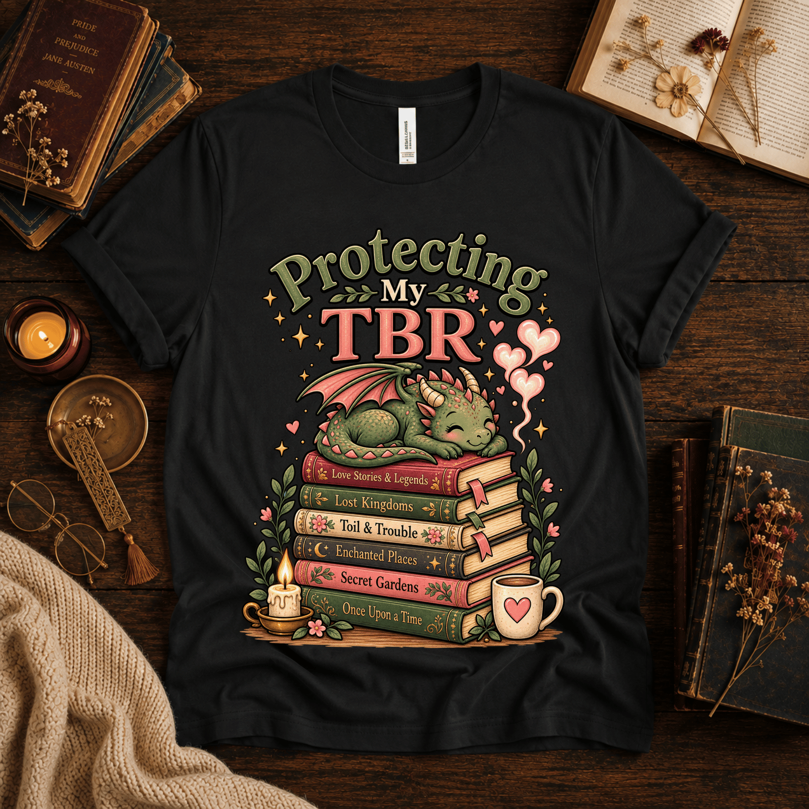 Protecting My TBR cute book graphic t-shirt cozy flat lay in vintage black.