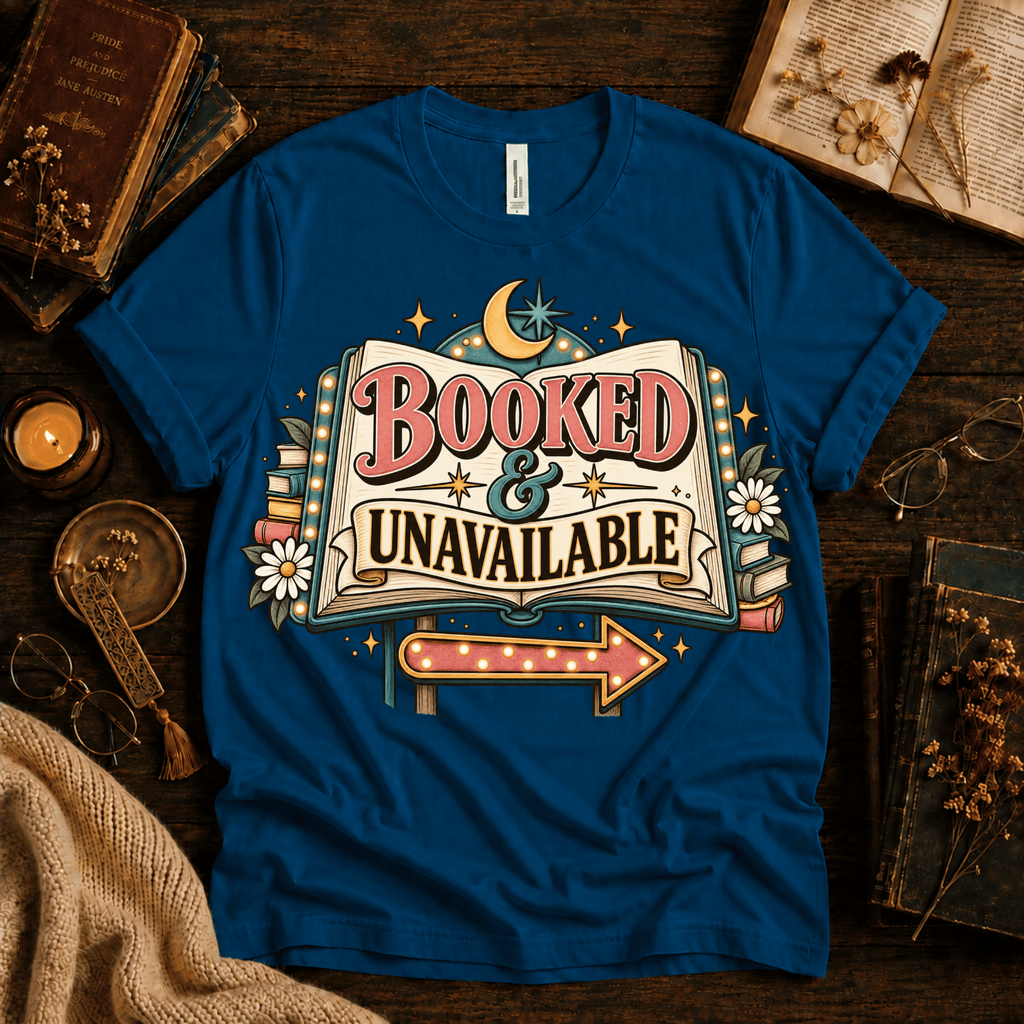 Booked & Unavailable cute book graphic t-shirt cozy flat lay in deep teal.
