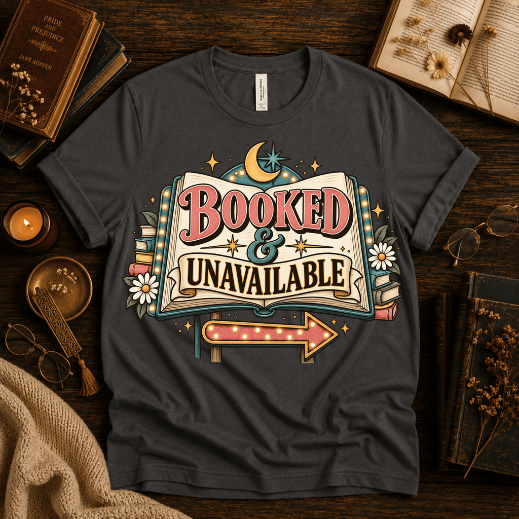 Booked & Unavailable cute book graphic t-shirt cozy flat lay in asphalt.