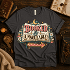 Booked & Unavailable cute book graphic t-shirt cozy flat lay in asphalt.