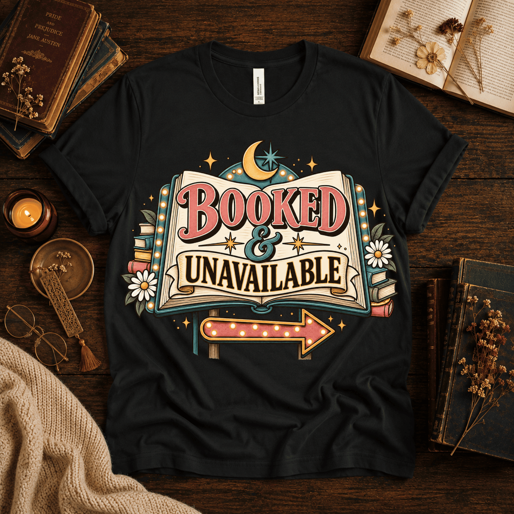 Booked & Unavailable cute book graphic t-shirt cozy flat lay in vintage black.