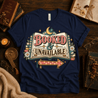 Booked & Unavailable cute book graphic t-shirt cozy flat lay in navy.