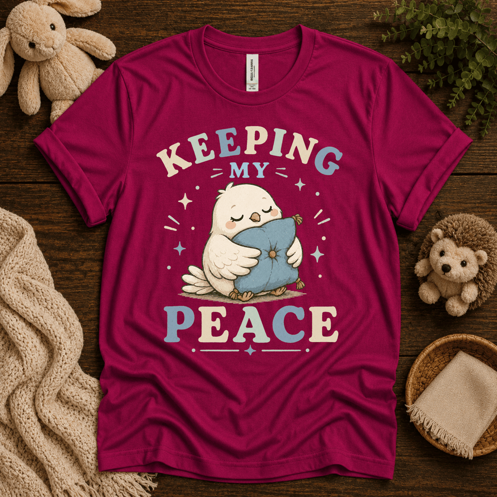 Keeping My Peace cute animal graphic t-shirt cozy flat lay in berry.