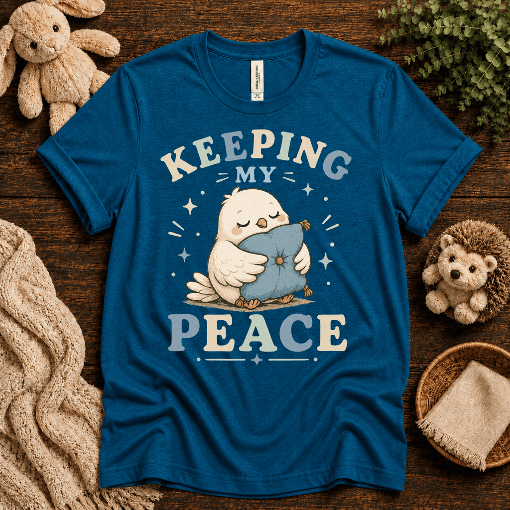 Keeping My Peace cute animal graphic t-shirt cozy flat lay in deep teal.