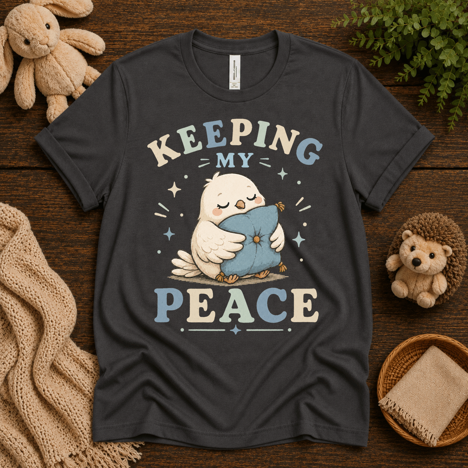Keeping My Peace cute animal graphic t-shirt cozy flat lay in asphalt.