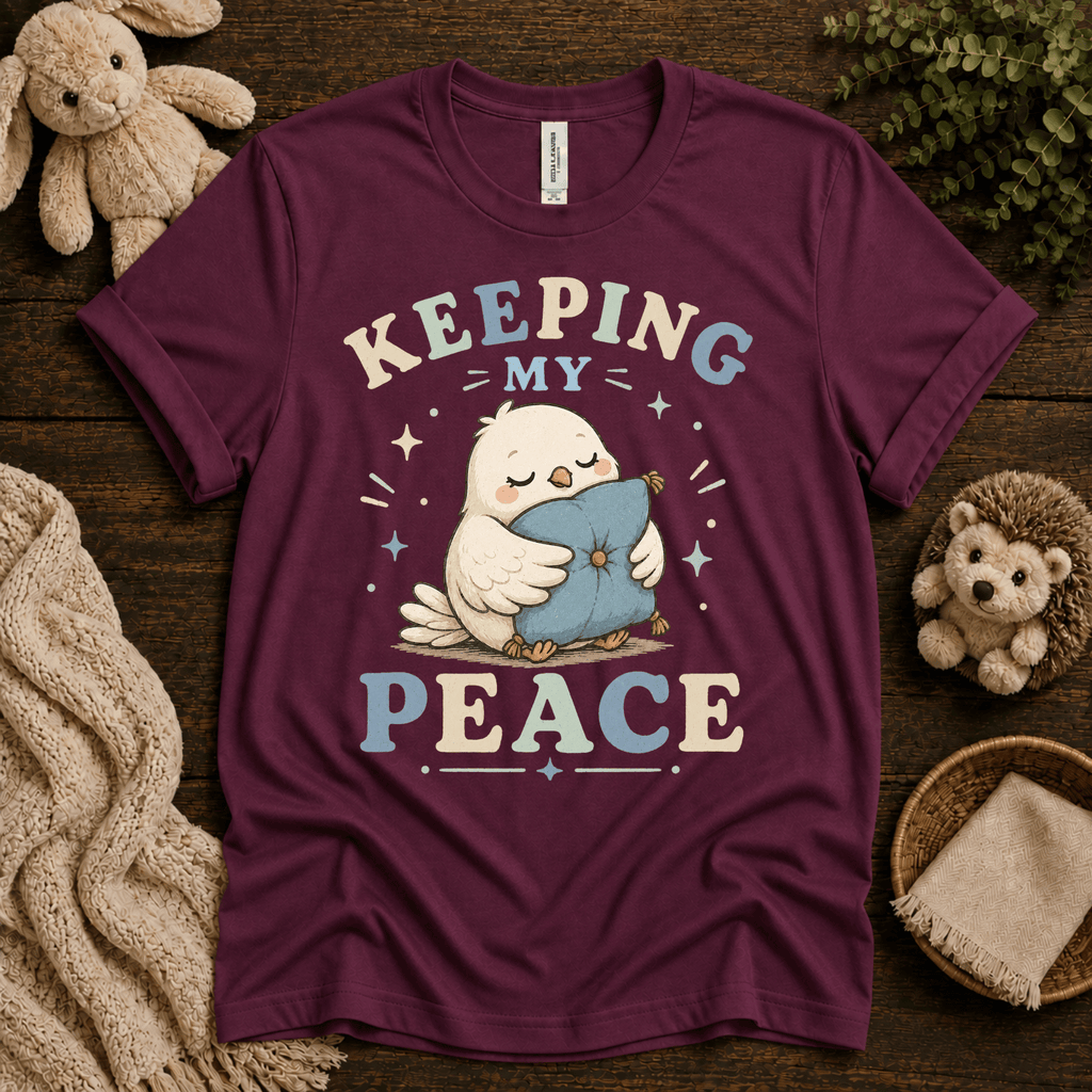 Keeping My Peace cute animal graphic t-shirt cozy flat lay in maroon.