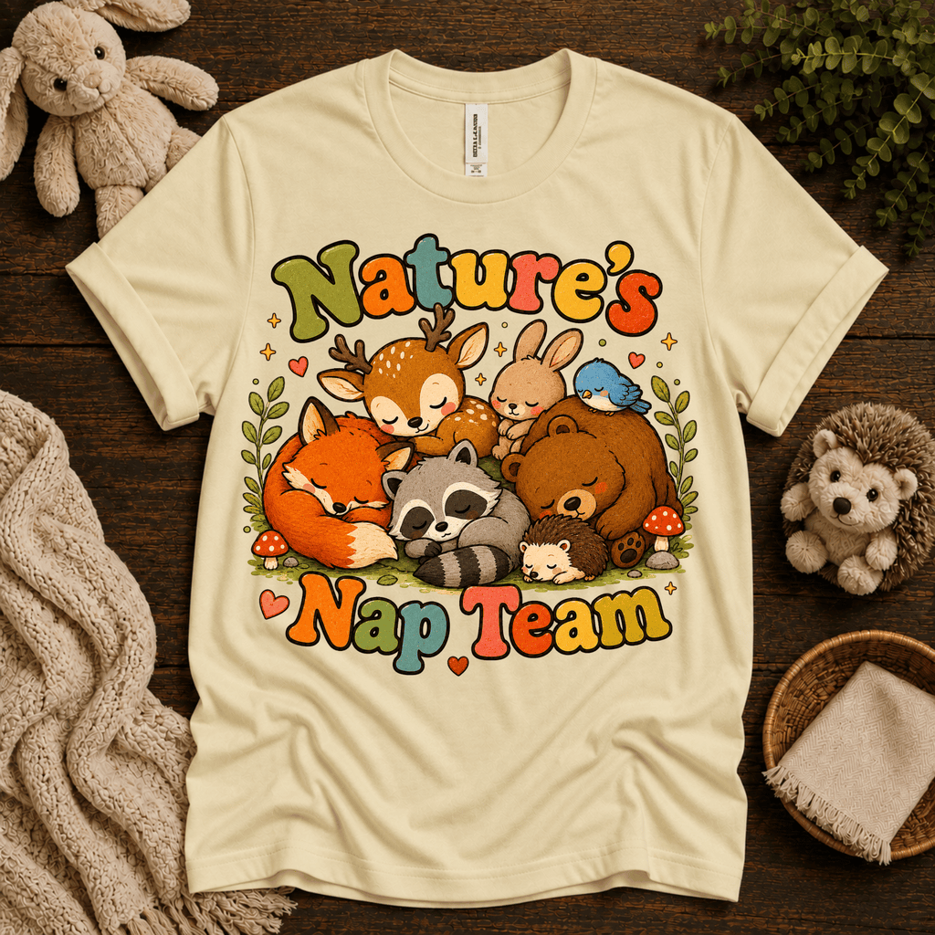 Nature's Nap Team cute animal graphic t-shirt cozy flat lay in natural.