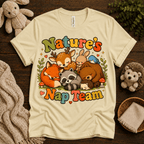 Nature's Nap Team cute animal graphic t-shirt cozy flat lay in natural.