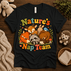 Nature's Nap Team cute animal graphic t-shirt cozy flat lay in vintage black.