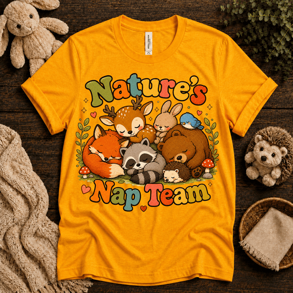 Nature's Nap Team cute animal graphic t-shirt cozy flat lay in gold.