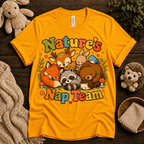Nature's Nap Team cute animal graphic t-shirt cozy flat lay in gold.