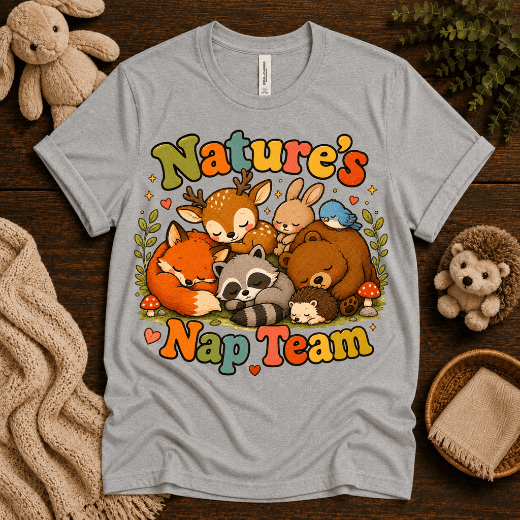 Nature's Nap Team cute animal graphic t-shirt cozy flat lay in athletic heather.