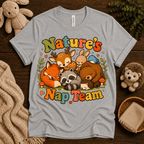 Nature's Nap Team cute animal graphic t-shirt cozy flat lay in athletic heather.