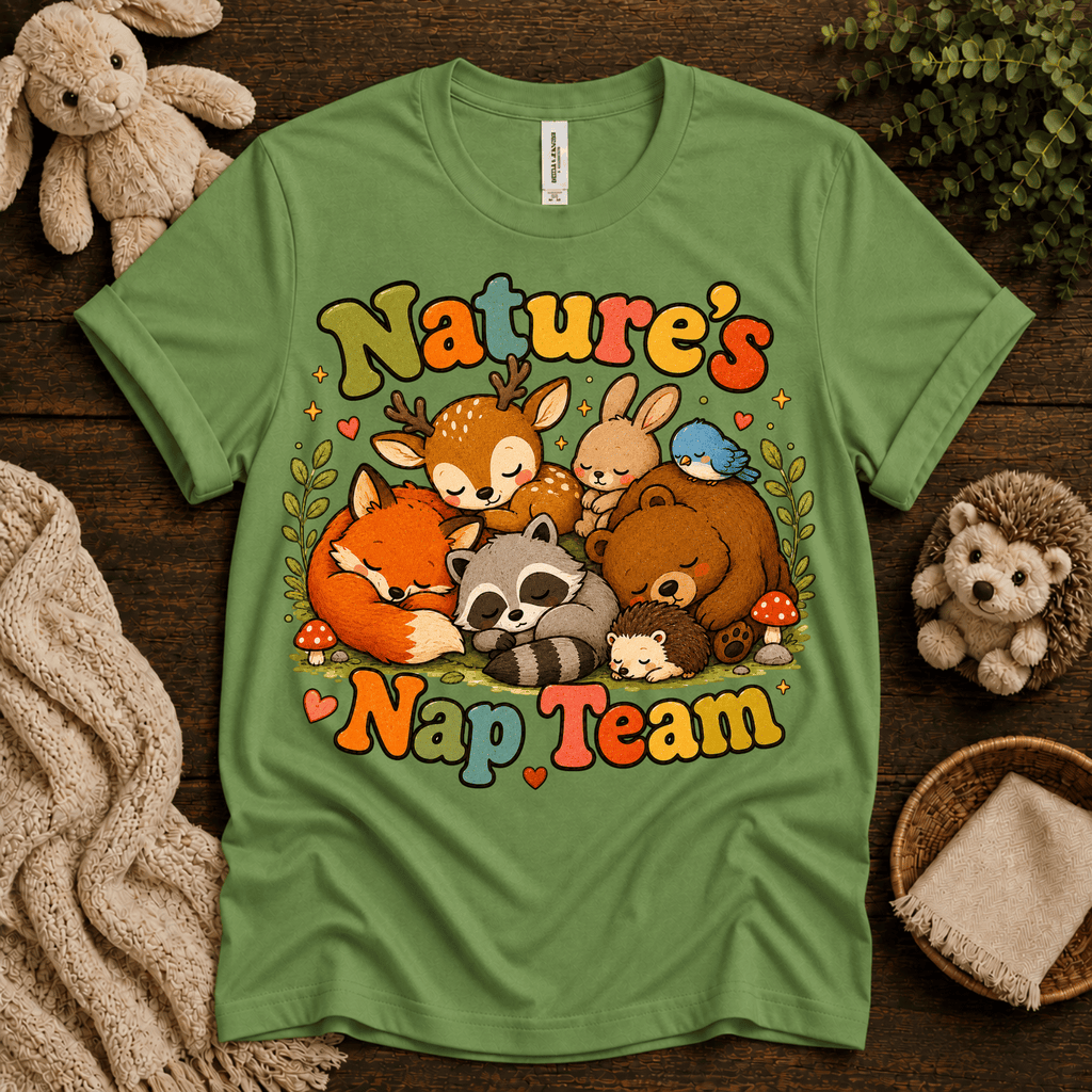 Nature's Nap Team cute animal graphic t-shirt cozy flat lay in leaf.